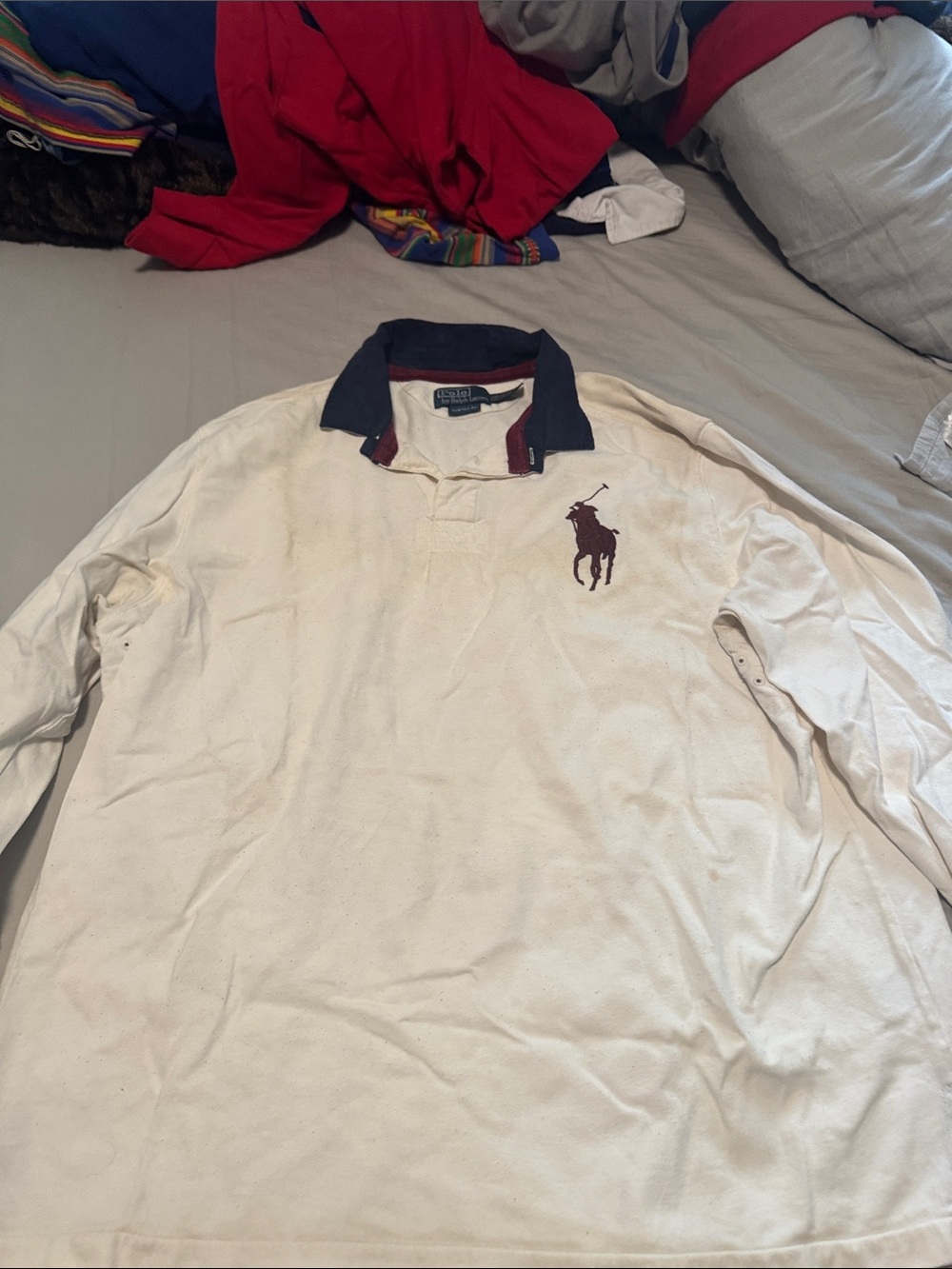 Ralph Lauren White Long-Sleeve Rugby Polo with Navy Collar and Maroon Logo